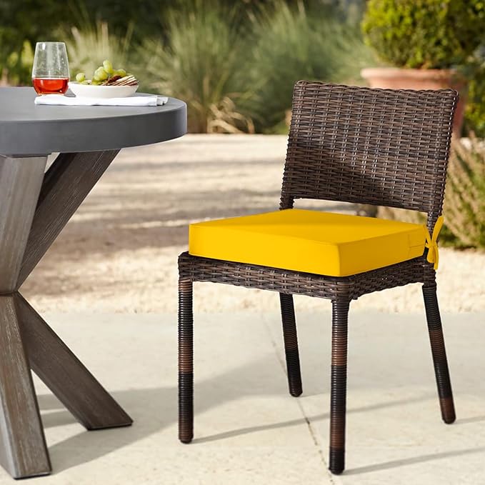 downluxe Waterproof Outdoor Chair Cushions Set of 2, 19" x 19" x 3" Patio Chair Cushion with Non-Slip Ties & Handle, Square Outdoor Cushion for Patio Furniture with Removable Cover, Yellow