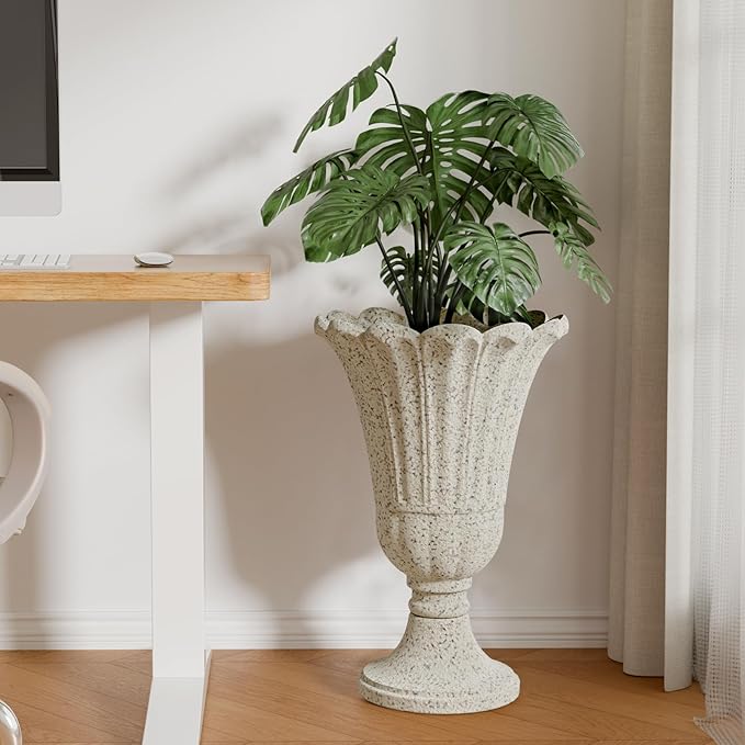 Heavy-Duty 23.6" Tall Urns Planters for Outdoor Plants - Set of 2 Water Storage Base Large Outdoor Planter for Porch, Sandblasting Process Indoor Flower Pots for Home Decor/Garden Vase, Beige