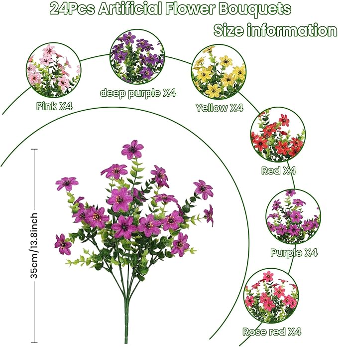 SHareconn 24 Bundles Artificial Flowers for Outdoors Spring Decoration, Fake Silk Realistic Faux Plants UV Resistant for Outside Planter Porch Patio Indoor Decor, RedRosePurpleYellowPinkDeeppurple