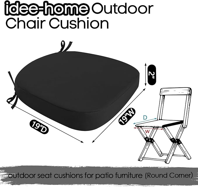 idee-home Outdoor Chair Cushions Set of 4, 19" x 19" x 2" Thick D-Shaped Patio Furniture Outdoor Seat Cushions Waterproof with Ties, Dining Pads