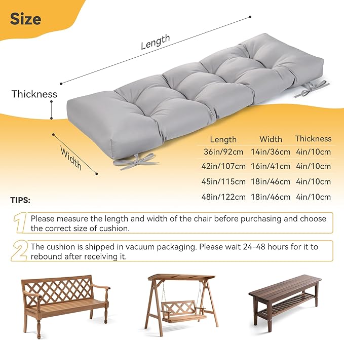 ROFIELTY Outdoor Bench Cushion, Waterproof/Sun-Proof Fabric, Tufted Bench Cushion with 2 Ties, Suitable for Outdoor Garden Bench/Swing/Indoor Furniture (Light Gray, 45×18×4)