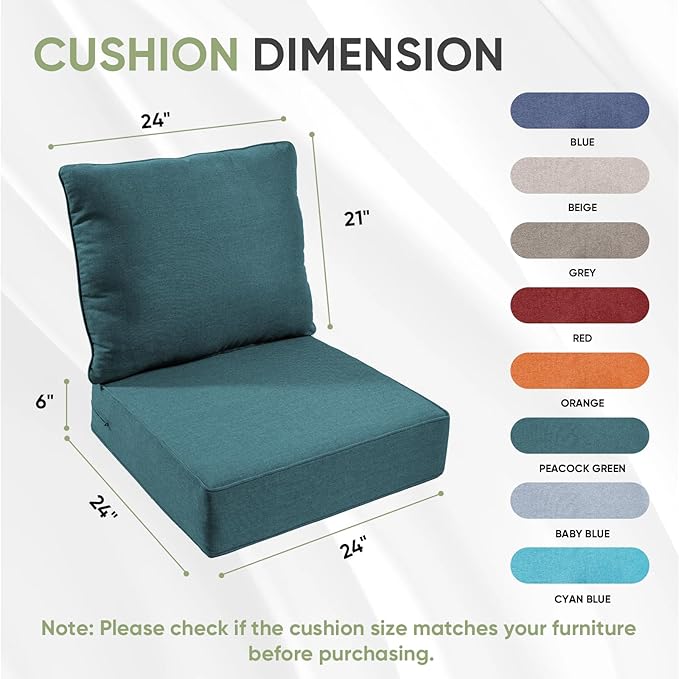 Outdoor Chair Cushions Set of 3, Waterproof 24x24 Patio Chair Cushion, 6" Thickened Seat Cushion for Outdoor Furniture, Couch Cushion Replacement, Include 3 Back & 3 Seat Cushions, Thick/PeacockGreen