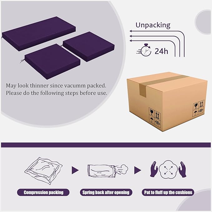 3 Pack Outdoor Replacement Cushions,36L x 18W x 3H,18L x 18W x 3H inch, High-Elastic Replacement Sponge for 4-Seater Water-Resistant Patio/Sofa with Removable Covers (Purple)