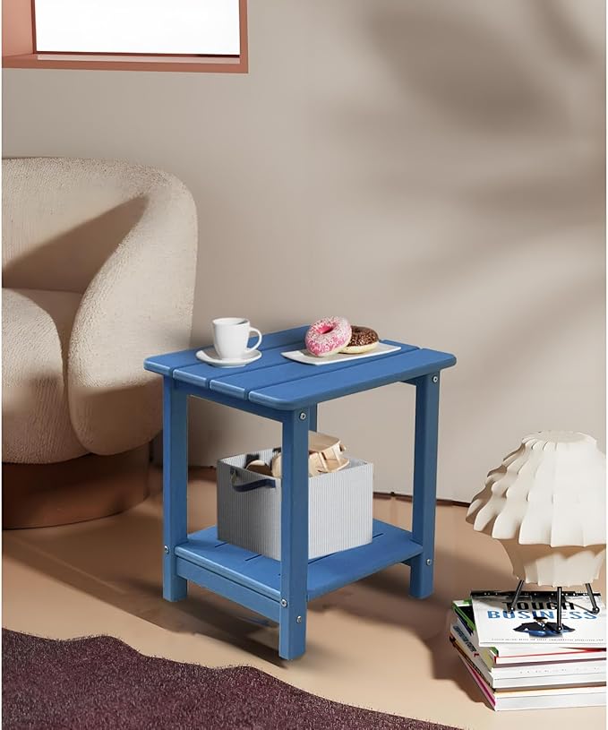 Adirondack Square Outdoor Side Table, 2-Tier Storage Patio Side Table with Weatherproof HDPE Material, Low Maintenance End Table for Backyard, Garden, Pool, Porch, Deck, Lawn