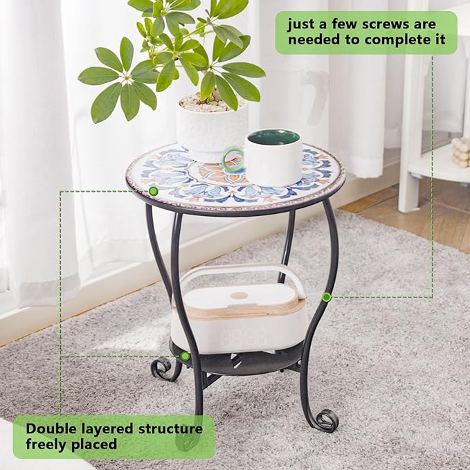 Outdoor Side Table Mosaic Patio Small End Table Metal Coffee Tea Accent Table for Patio Living Room Bedroom Yard Porch Garden (Blue Little Flower)