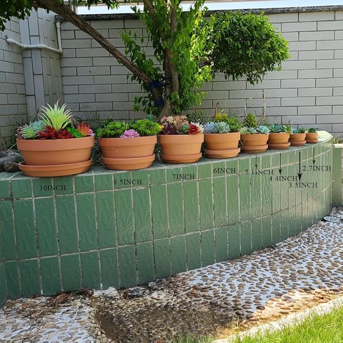 Yishang 7 Inch Terracotta Shallow Planters with Saucer/Tray,Ceramic Flower Clay Plant Pots with Drainage Hole,Unglazed Cactus/succlent Plant Containers Indoor Garden Bonsai Pots