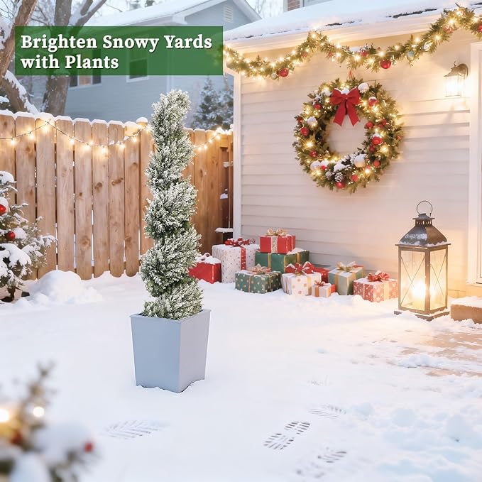THE BLOOM TIMES 4ft Tall Spiral Artificial Topiary Trees Set of 2, 48 inch Large Faux Snow-Flocked Cedar Trees for Front Porch Planter Decor, Fake Plants for Indoor or Covered Outside Display 4 Foot