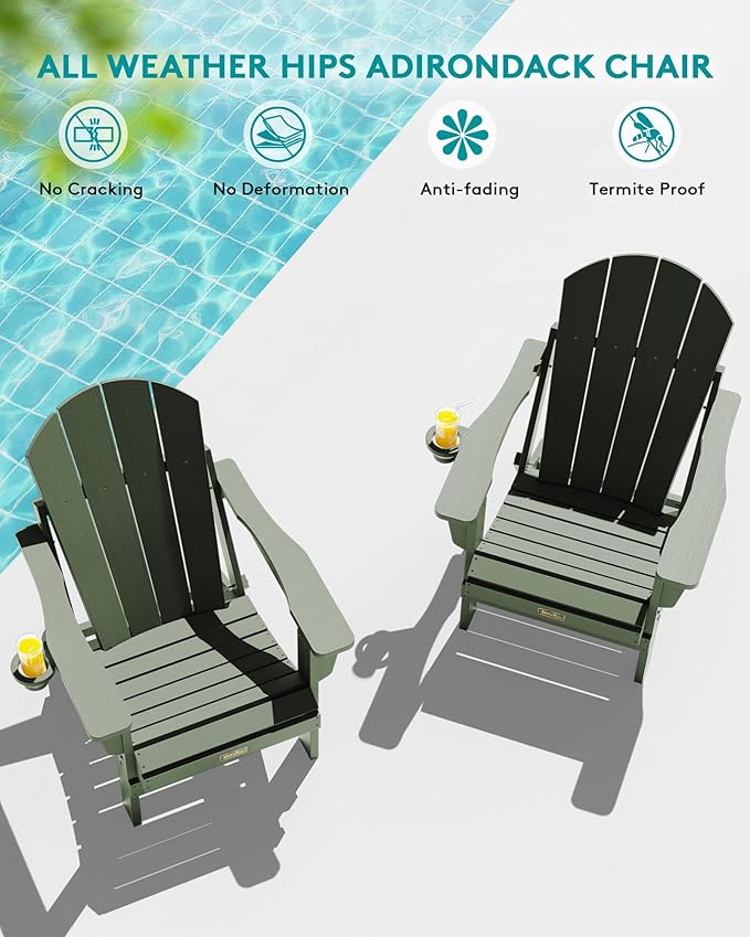 SERWALL Foldable Adirondack Chair Set of 2 for Patio Garden Outdoors Fire Pit Chairs-Avocadogreen