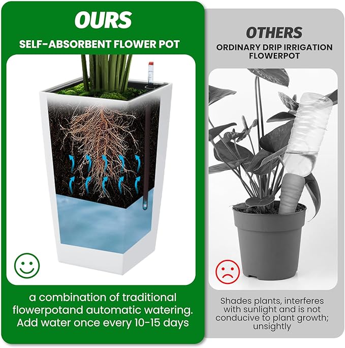 Garvee 16" Tall Planters Set of 4, Outdoor&Indoor Black Planter Pots, High Front Porch Planter Pots with Drainage Holes&Water Level Monitor&Inner Bucket, White