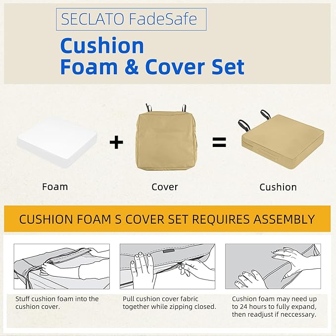 Patio Chair Cushion 24" Square Waterproof Outdoor Seat Cushions for Patio Furniture Garden Sofa Couch Chair Cushions with Handle and Adjustable Straps (2 Pack, Beige)