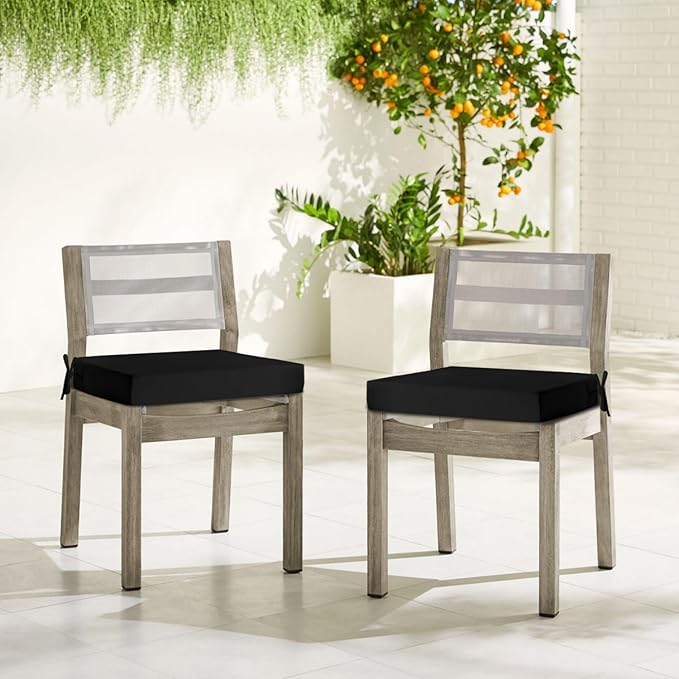downluxe Waterproof Outdoor Chair Cushions for Patio Furniture, 24" x 24" x 4" Patio Chair Cushion with Adjustable Ties & Portable Handle, Square Outdoor Cushion with Removable Cover, Black, 2 Pack