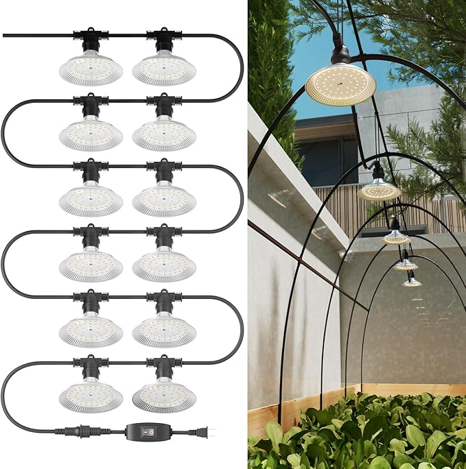 Outdoor LED Grow Light, Waterproof String Plant Growing Light, 41 FT Full Spectrum Growth Light, Suitable for Garden, Farm, Flower, Seedling Greenhouse Grow Light (12 Light)