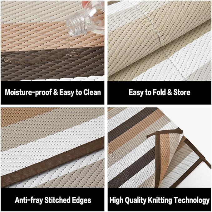 HUGEAR Outdoor Waterproof Rug 8'x10' Plastic Straw Rugs Washable Reversible Floor Mat Brown Stripe Carpet for Camping RV Deck Entryance Porch Picnic Balcony Beach Backyard