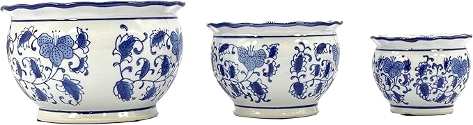 Galt International Blue & White Floral Porcelain Ceramic Decorative Flower Pot 8"/6"/4.5" Garden Pots Chinese Asian Design - Set of 3 Round Pots