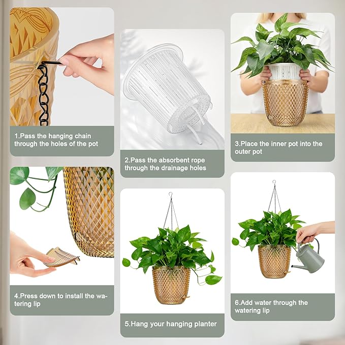 QCQHDU 2 Pack Self Watering Pots, 5.7 Inch Flower Pots with Drainage Holes and Water Filling Port, Garden Planter for Indoor Outdoor Plants (Gold)
