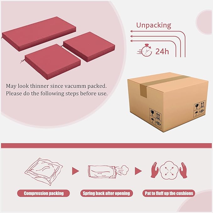 3 Pack Outdoor Replacement Cushions,36L x 18W x 3H,18L x 18W x 3H inch, High-Elastic Replacement Sponge for 4-Seater Water-Resistant Patio/Sofa with Removable Covers (Fuchsiared)