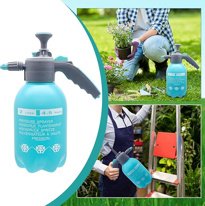 0.5 Gallon Handheld Pump Sprayer, 2L Garden Pressure Sprayer, 68oz Water Spray Bottle with Safety Valve, Adjustable Nozzle, for Watering,Plant Spraying, Home Cleaning, Fertilizing (Sky Blue)
