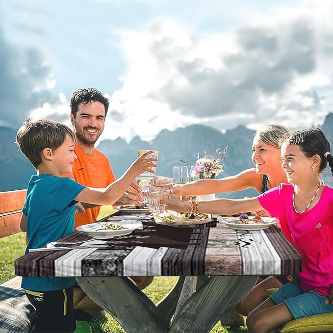 Picnic Table Cover with Bench Covers Elastic Edges, Grey Camper Fitted Table Cover, Outdoor Patio Camping Essentials 72 Inch 3PCS, Waterproof Camping Fitted Tablecloth with Drawstring Bag