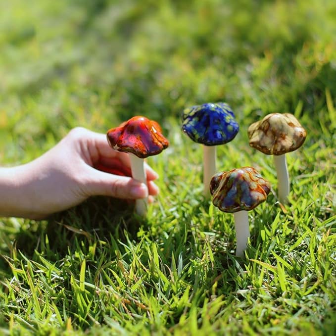 Danmu Garden Decor, 4pcs (Random Color) Ceramic Mushroom for Garden, Yard, Fairy Garden - Lawn Ornament Décor, Pottery Ornament 4.52" in Height
