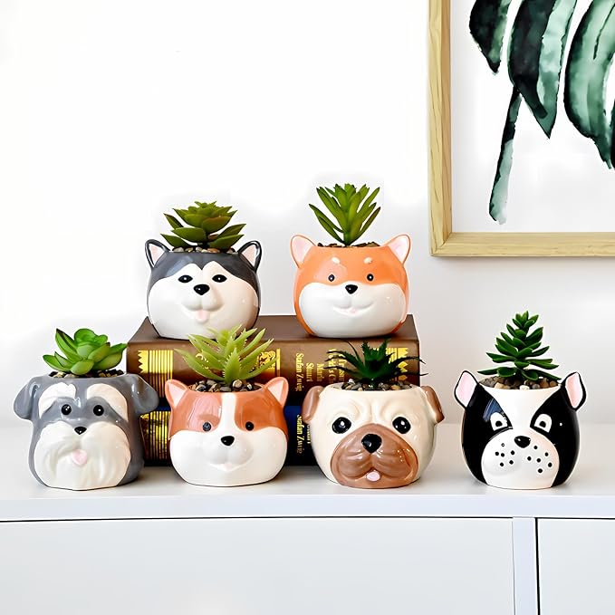 Dog Planter Pots - 6 Pack Ceramic Succulent Pots with Drainage and Saucers, Cute Flower Pots for Indoor Plants, Small Plant Pots Dog Vase for Succulent, Cactus, Garden, Home Decor, Gift Set
