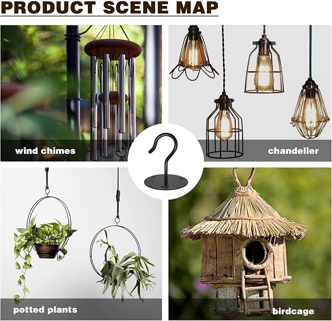 3 Pack Ceiling Hooks for Hanging Plants, Metal Plant Bracket Wall Mount Hangers Hooks Hanging for Bird Feeders, String Lights, Wind Chimes, Planters, Indoor Decorations, Black