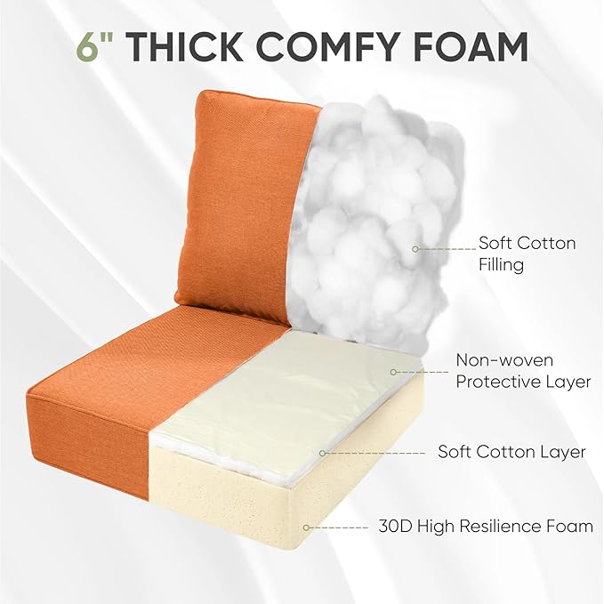 Outdoor Furniture Cushions, 6 inch Thick Seat Cushions for Outdoor Furniture, Waterproof 22x24 Patio Couch Cushions, Replacement Chair/Sofa Cushion, Include 3 Back & 3 Seat Cushion, Thick/Orange