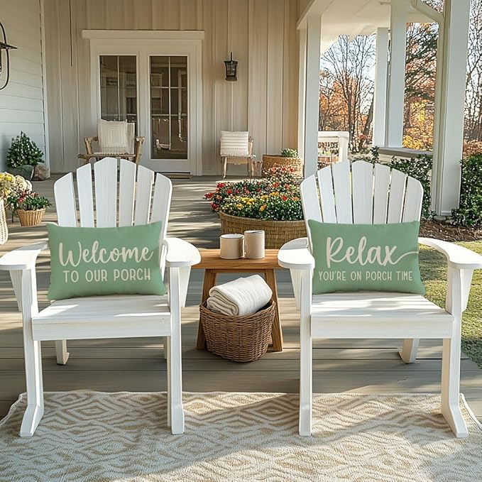 PANDICORN Eucalyptus Green Outdoor Decorative Throw Pillow Covers 12x20 Inch Relax Porch Time Rustic Farmhouse Lumbar Throw Pillow Cases Decorations for Patio Sofa Couch Decor