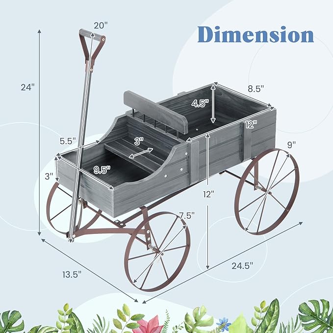Wooden Wagon Planter with Wheels, Indoor/Outdoor Flower Cart w/Dual-Compartment & Adjustable Handle, Decorative Garden Planter for Home, Yard, Wedding (Grey)