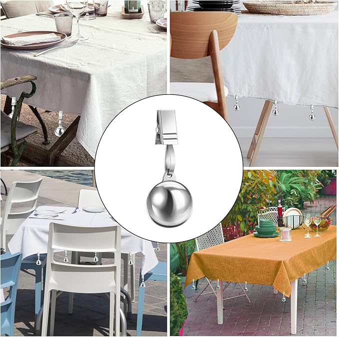 Yamrots Tablecloth Weights, Tablecloth Weights Hangers, Stainless Steel Balls with Rust-Resistant Clip for Decoration, Outdoor Picnic, Garden Flag, Useful Fixed Fabric Tools at Outside Events (4)