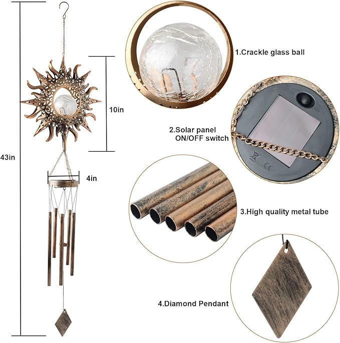 Sun Wind Chimes Solar Retro Windchimes Sympathy Gift, Gentle Chimes, Waterproof Wind-Chimes Outdoor, Outdoor Hanging Decor with Soft Sun Glow, Gifts for Grandma, Mom-Gifts, Memorial WindChimes.