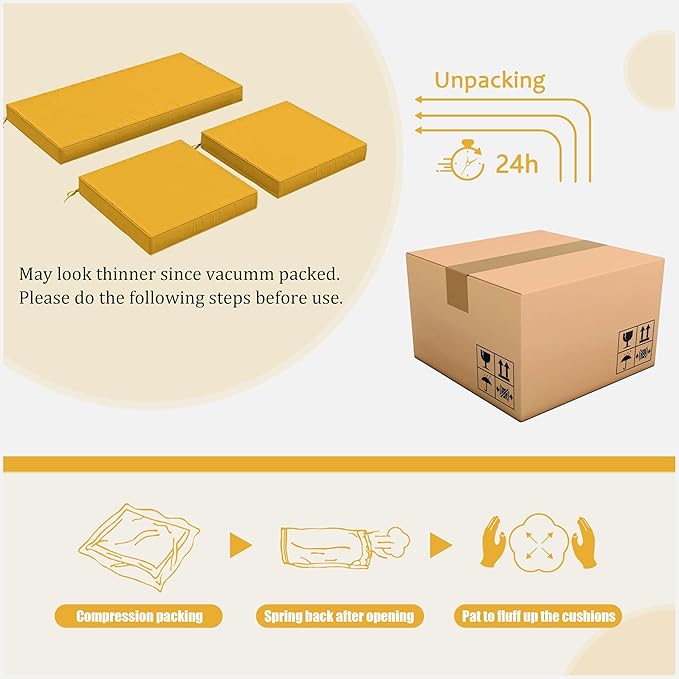 3 Pack Outdoor Replacement Cushions,36L x 18W x 3H,18L x 18W x 3H inch, High-Elastic Replacement Sponge for 4-Seater Water-Resistant Patio/Sofa with Removable Covers (Yellow)