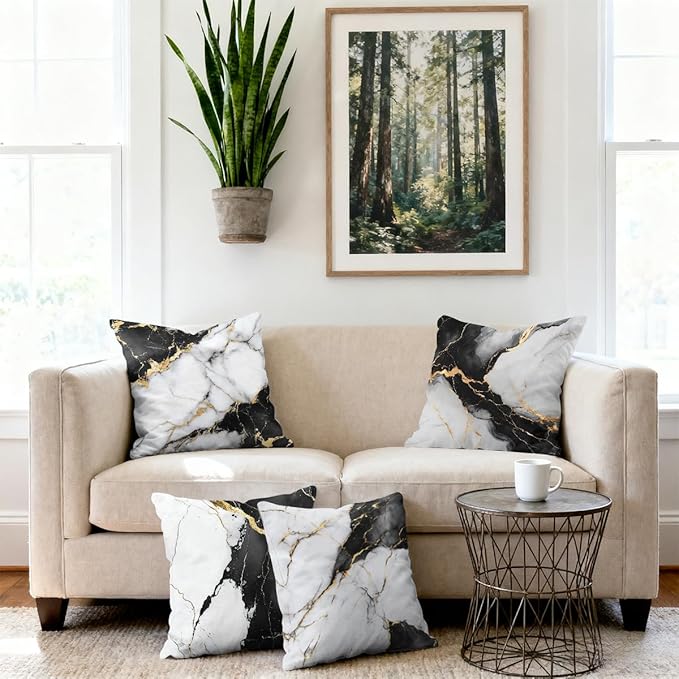 Marble Pillow Covers 18x18 inch Set of 4, White Black Gold Texture Modern Elegant Pillow Covers, Pillowcases Throw Pillow Covers for Sofa Couch Home Decor