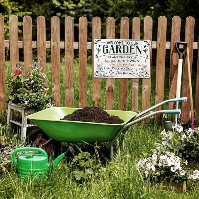 Welcome To Our Garden Metal Sign 12"x8" Outside Garden Welcome Sign Gardening Gifts and Decorations for Women Gardeners Plant Lovers