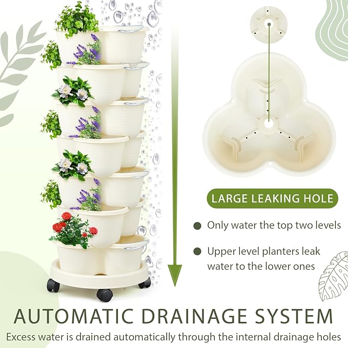 Umigy 2 Set of 7 Tier Stackable Vertical Planters with Removable Wheels and Tools Tower Planters Strawberry Herb Flower Vegetable Pots Indoor Outdoor Gardening Pots(Ivory)