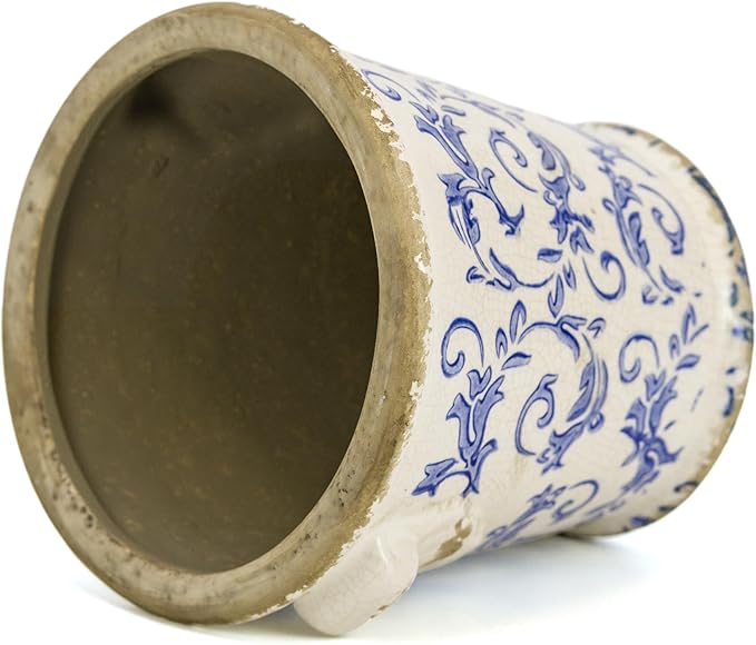 Vintage Ceramic Flower Pot with Drainage Holes and Handle,Ice Crack Country Rustic Planters for Indoor Outdoor,Tuscan Decor,Home and Garden Decor,Gardening Present