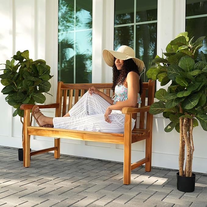 EcoDecors Hampstead 51 inch Heath Outdoor Bench Teak Wood Garden Bench for Patio with Armrests and Backrest for Indoor Use and Outdoor, in Natural Color