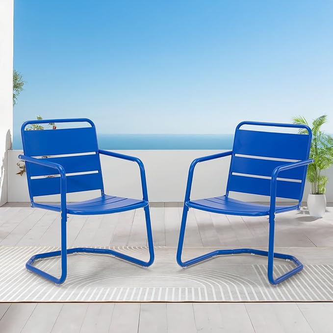 MELLCOM Patio Chairs Set of 2, Small Patio Furniture Set - 2 C-Spring Metal Chairs, Outdoor Bistro Set for Balcony, Front Porch, Poolside, Garden, Deck, Indoor, Blue
