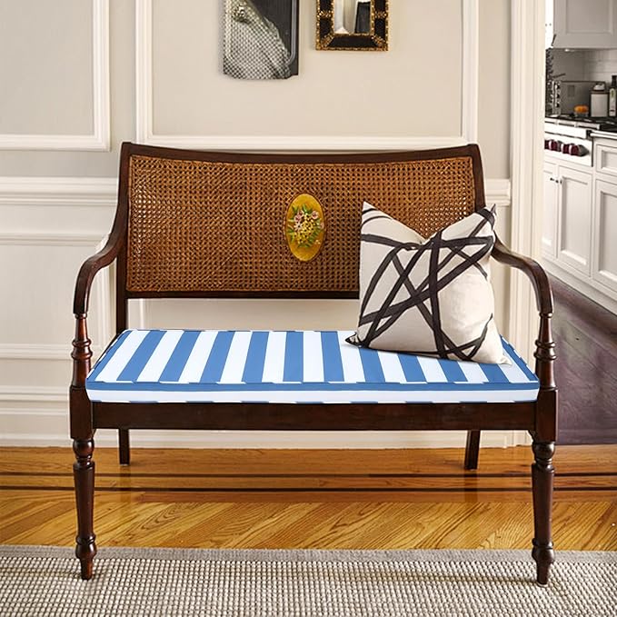 Outdoor Bench Cushion 42x18x3 Inch with Ties, Thick Waterproof Porch Swing Cushions for Patio Furniture Chair Pad, Seat Sofa Garden Replacement Cushion Sponge Filling (Blue&white Stripes, 42x18)