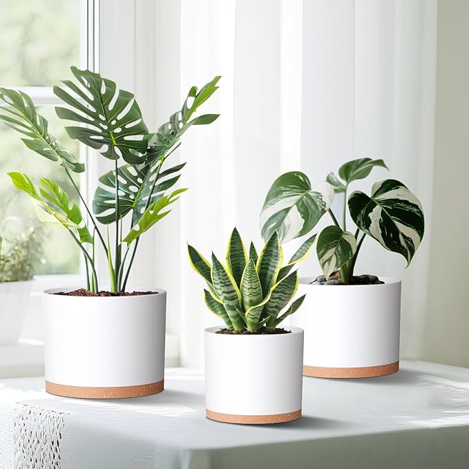 (3 Pack) 10 Inch Plant Pot with Drainage and Saucers, 10/9/8 Inch Plastic Plant Pots for Indoor Plants, Modern Round Planter Set for Flowers, Herbs, Garden Decor (White-Brown)