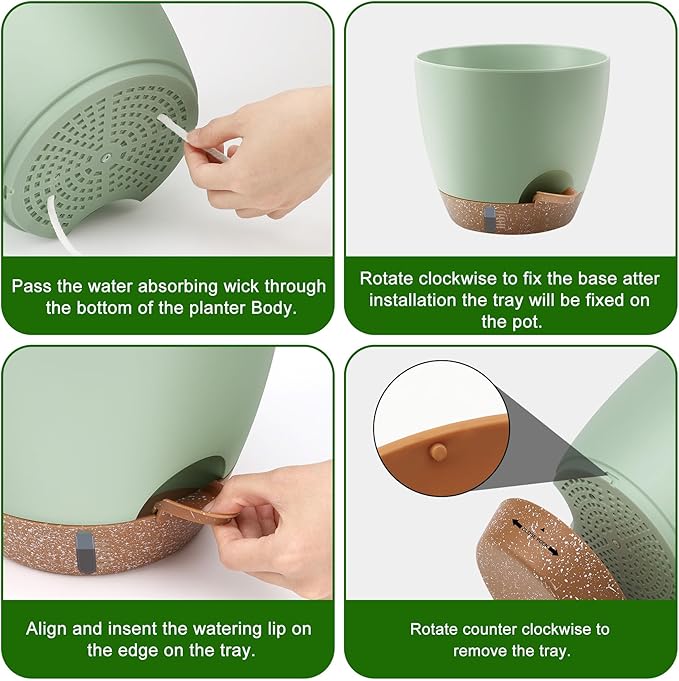 Self-Watering Plant Pots with Water Level Indicator, Drainage Holes & Saucers โ 12/10/9 Inch Large Plastic Planter Set for Indoor & Outdoor Plants (Green)