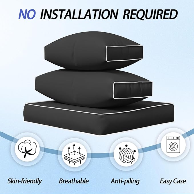 Outdoor Cushions for Patio Furniture,14Pieces Water-Resistant Replacement Cushions Fits 6-seat Sectional Rattan Conversation Set Outdoor Patio Sofa Cushion,Liner&Cover(Black+White Edges)
