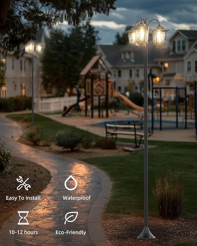 73" Aluminum Solar Lamp Post Light, 3-Head Pole Lights 90LM Waterproof - Auto Dusk to Warm White Dawn Floor Lamp for Outdoor Garden Pathway Replaceable Bulb