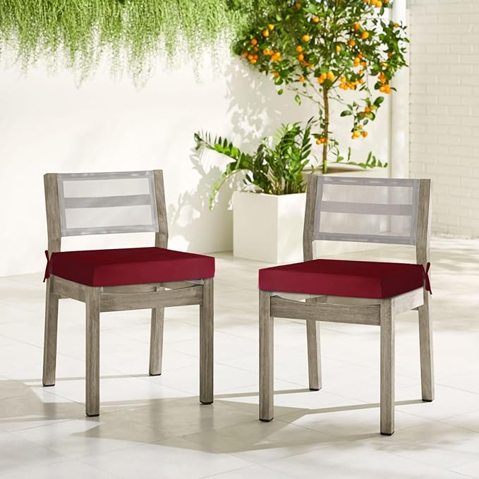 downluxe Waterproof Outdoor Chair Cushions for Patio Furniture, 22" x 22" x 3" Patio Chair Cushion with Adjustable Ties & Portable Handle, Square Outdoor Cushion with Removable Cover, Burgundy, 2 Pack