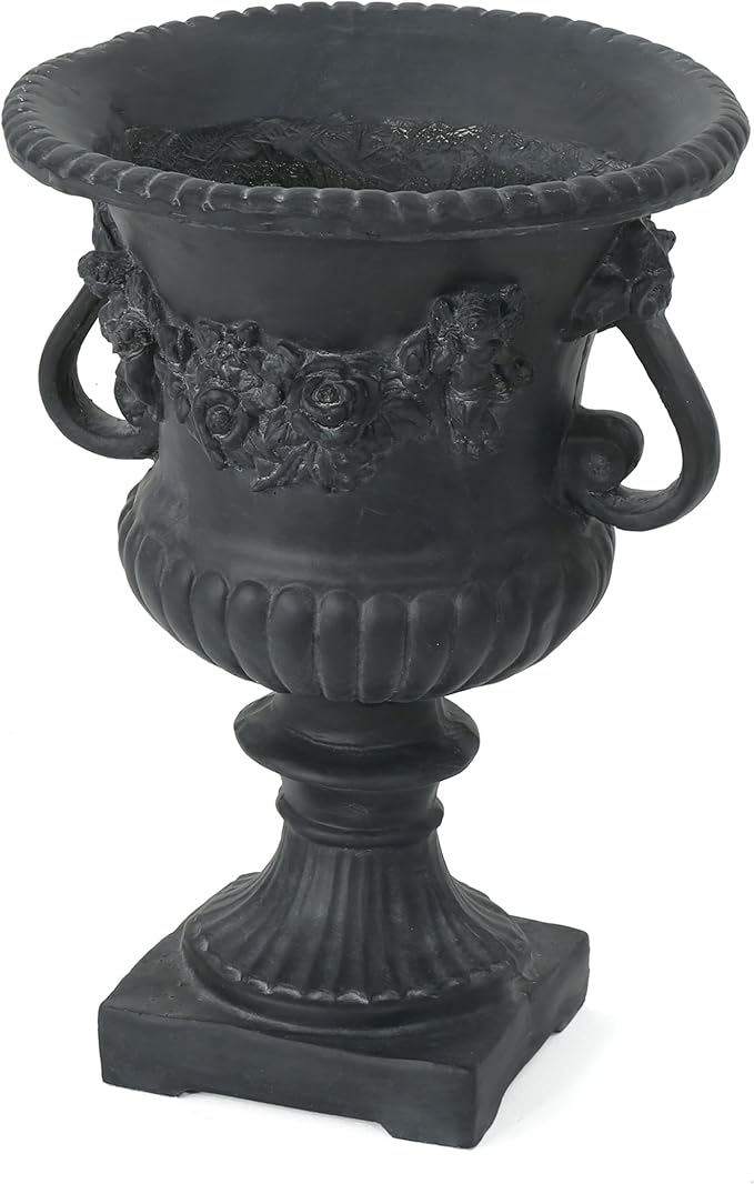 Antique Black Magnesium Oxide Urn Planter, Elegant Decorative Outdoor Garden Patio or Indoor Vase, Ready to Use, 17.3L x 17.3W x 24H Inches