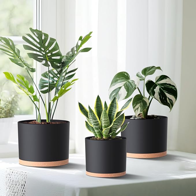 (3 Pack) 10 Inch Plant Pot with Drainage and Saucers, 10/9/8 Inch Plastic Plant Pots for Indoor Plants, Modern Round Planter Set for Flowers, Herbs, Garden Decor (Black-Brown)