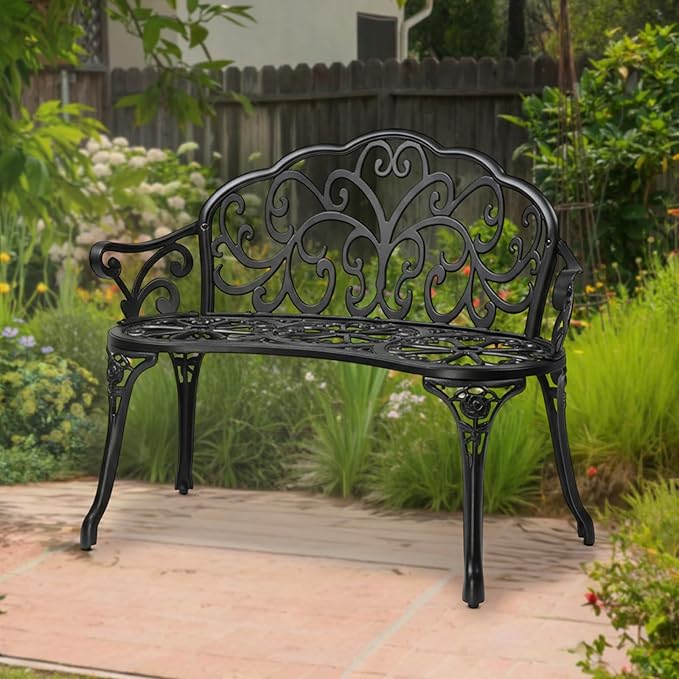 VINGLI 38.5" Patio Park Garden Outdoor Metal Rose Bench, 2-Person Cast Iron Cast Aluminium Frame Antique Finish Chair,Accented Lawn Front Porch Path Yard Decor Deck Furniture (Black, Butterfly)
