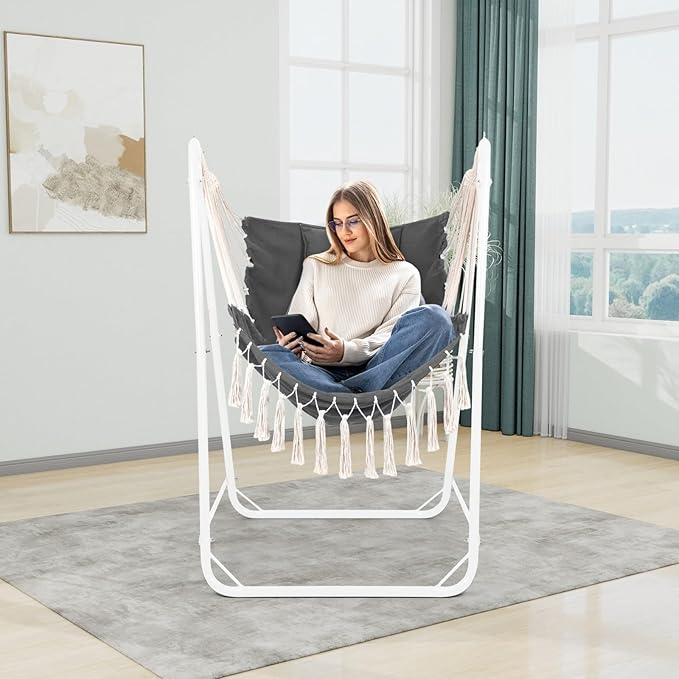 Hammock Chair with U Shape Stand, Cotton Swing Chair with Side Pocket, Heavy-Duty Metal Frame with Hanging Seat, Multi-Functional Swing Stand for Indoor and Outdoor Patio Yard Garden (WhiteGray)