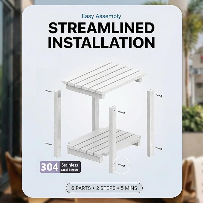 PASAMIC 2-Tier Adirondack Square Outdoor Side Table, HDPE Small Outdoor Table, Patio End Table for Patio, Pool, Backyard, Weather-Resistant (White)