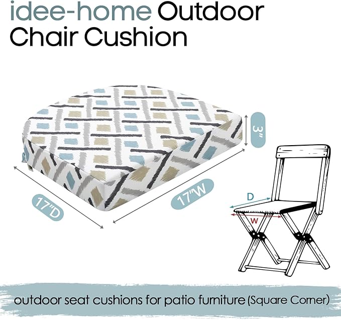 idee-home Outdoor Chair Cushions Set of 4, Thick 17" x 17" x 3" Outdoor Seat Cushions Patio Furniture Waterproof with Ties, Dining Pads