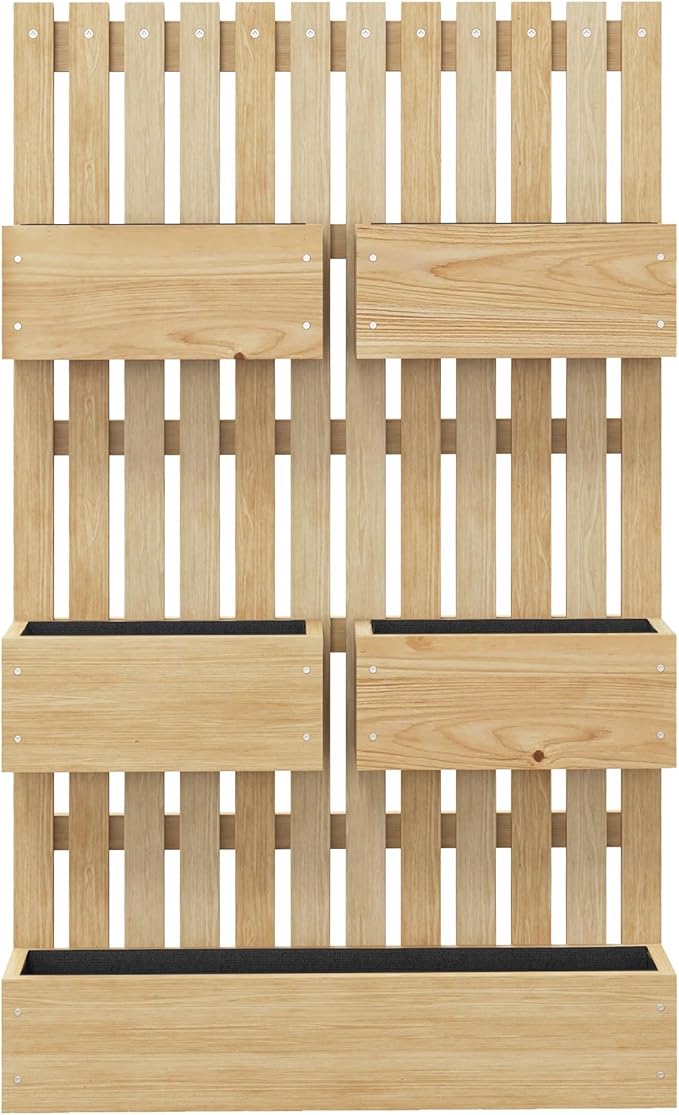 Outsunny 5 Box Raised Garden Bed with Trellis for Vine Flowers & Climbing Plants, 39" Tall Wall-Mounted Wood Planter Box Set with Adjustable Height, Drainage Hole, Natural